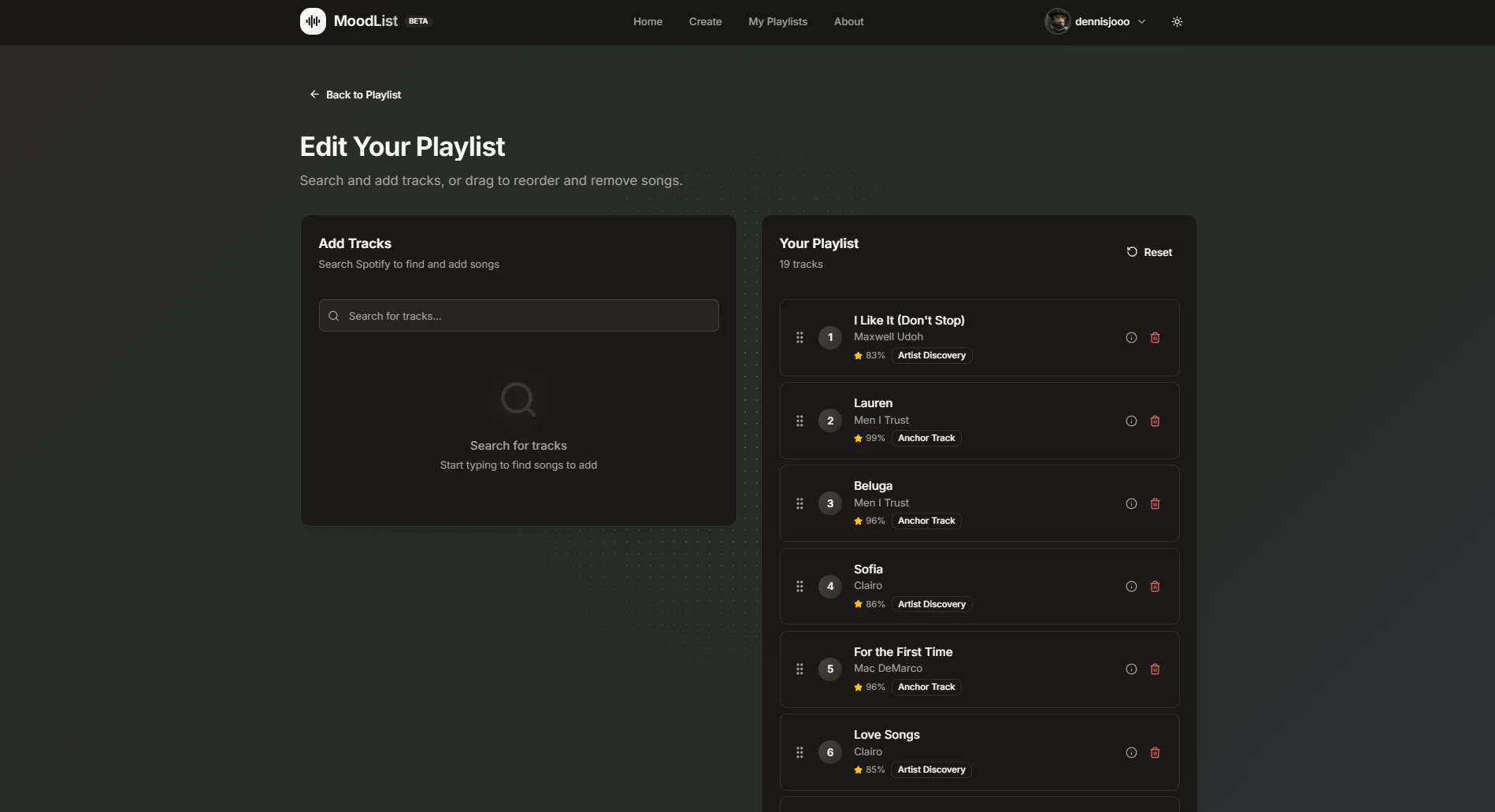 Moodlist Playlist Edit